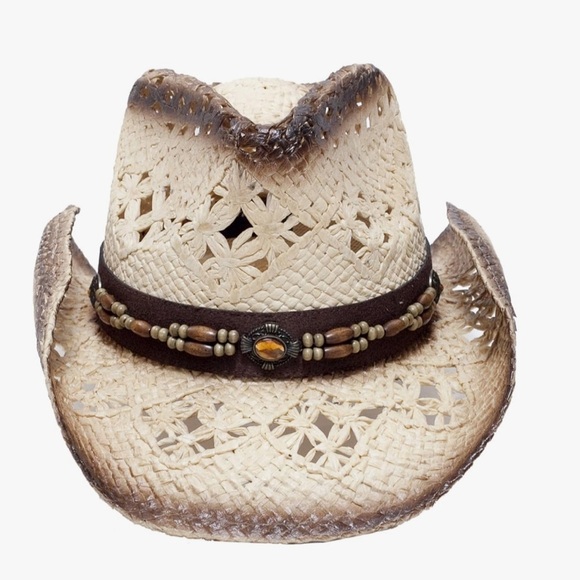 Cowboy cowgirl Cream white with Brown Straw Cowboy Hat with embellished …